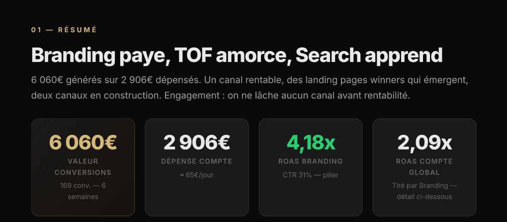 Extrait de rapport : 6 060 euros générés sur 2 906 euros, ROAS branding 4.18x