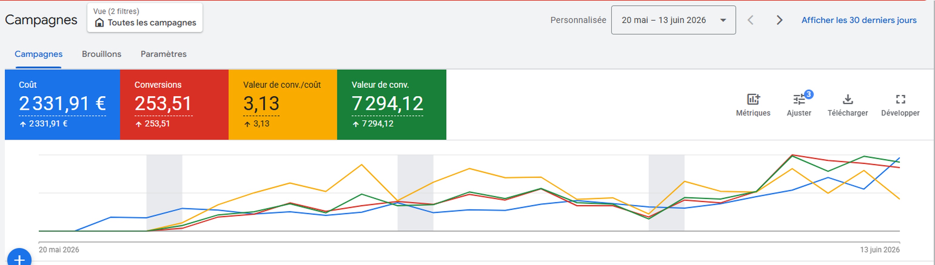 Interface Google Ads, 20 mai au 13 juin 2026 : 2 331,91 € de coût, 7 294,12 de valeur, ratio 3,13
