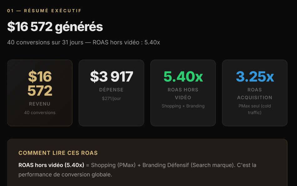 Extrait de rapport : 16 572 dollars générés sur 3 917 dollars